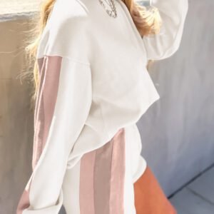 White Color Block Patchwork Drop Shoulder Pullover Casual Shorts 2Pcs Outfit