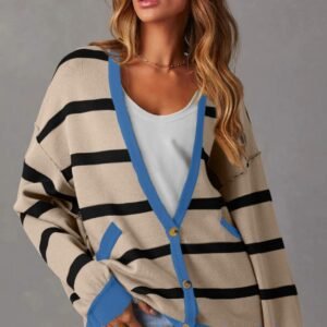 White Colorblock Drop Shoulder Buttoned Loose Cardigan