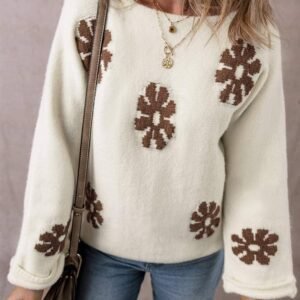White Colorblock Floral Pattern Round Neck Sweater