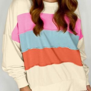 White Colorblock Patchwork Crewneck Drop Shoulder Sweatshirt
