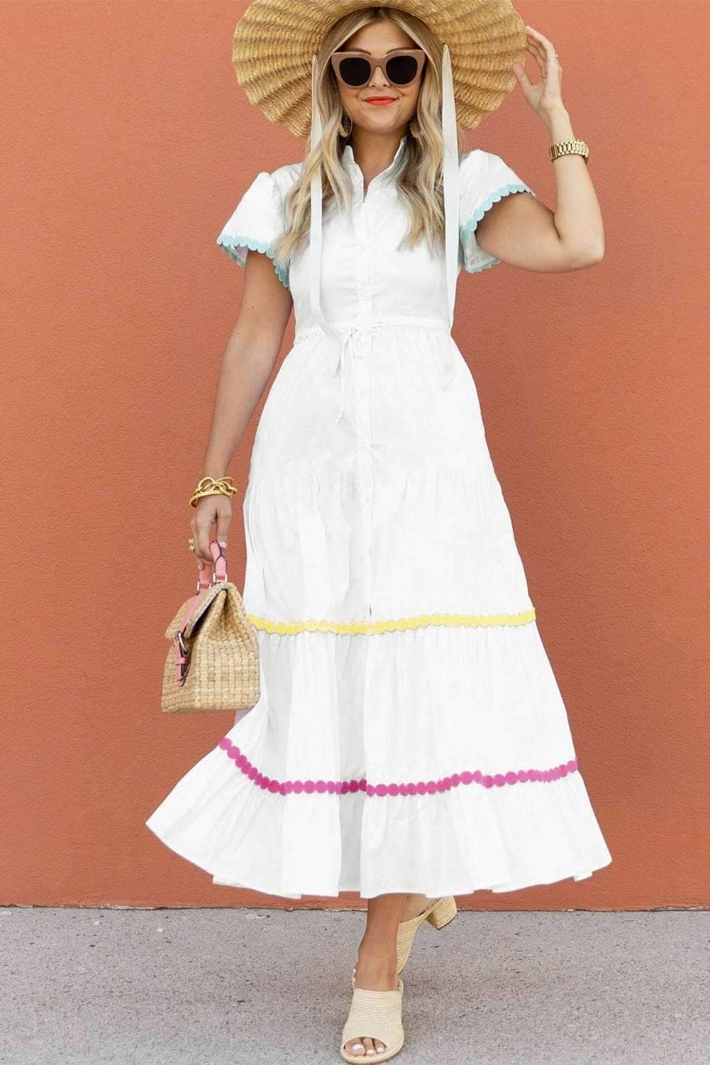 White Colorblock Rickrack Trim Short Sleeve Drawstring Waist Long Dress