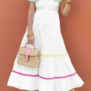 White Colorblock Rickrack Trim Short Sleeve Drawstring Waist Long Dress
