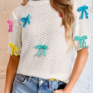White Colorful Bow Knit Mock Neck Short Sleeve Sweater