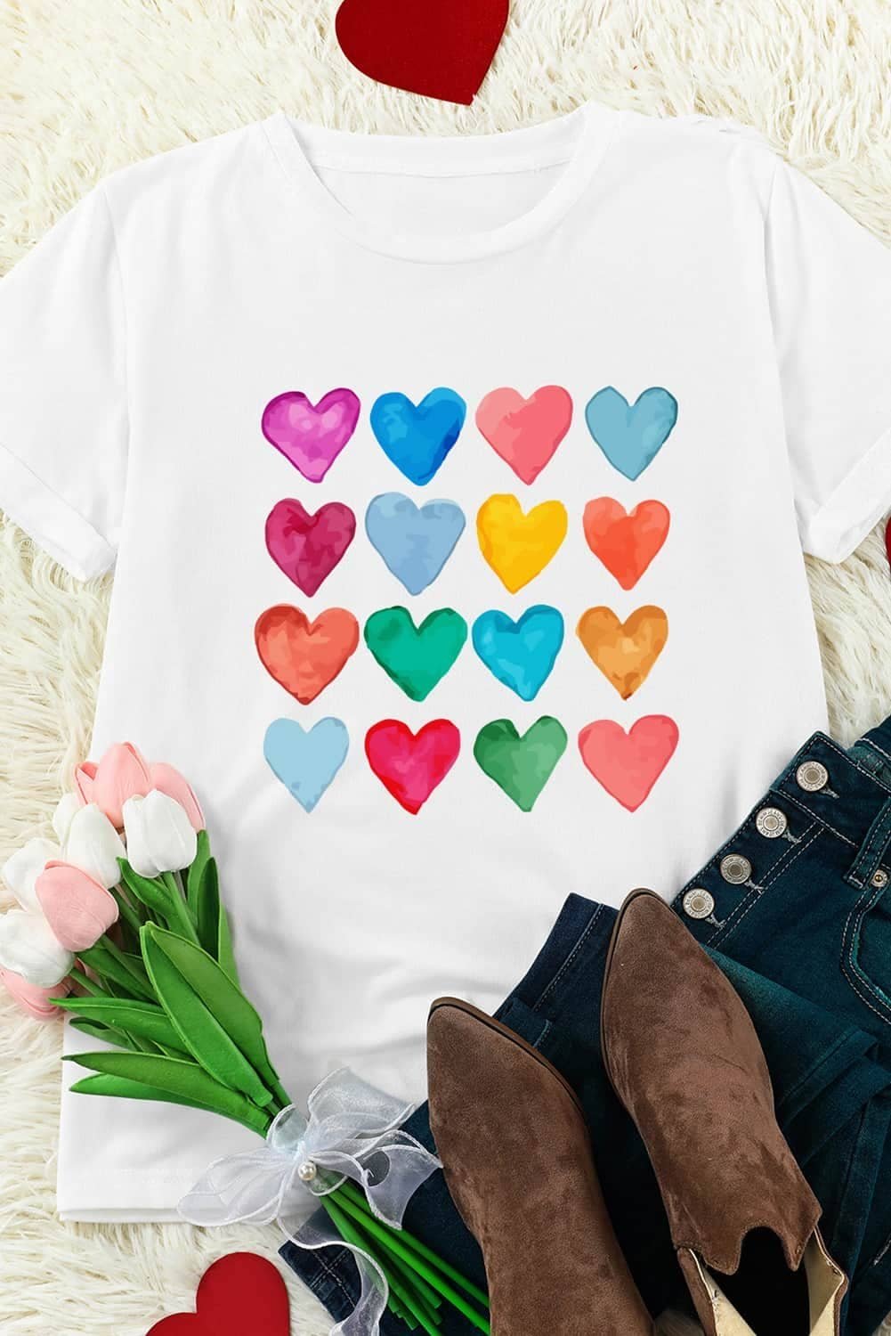 White Colorful Heart Shaped Print Crew Neck T Shirt