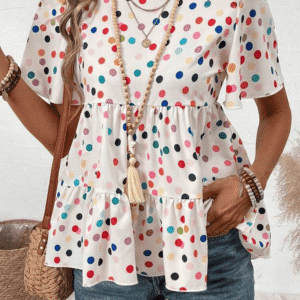 White Colorful Polka Dot Short Sleeve Tiered Ruffled Babydoll Blouse