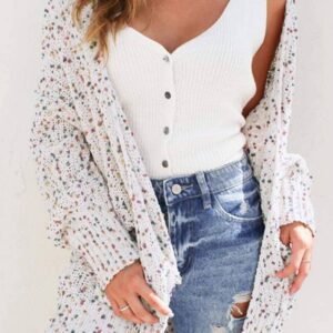 White Confetti Rib Knit Long Sleeve Cardigan