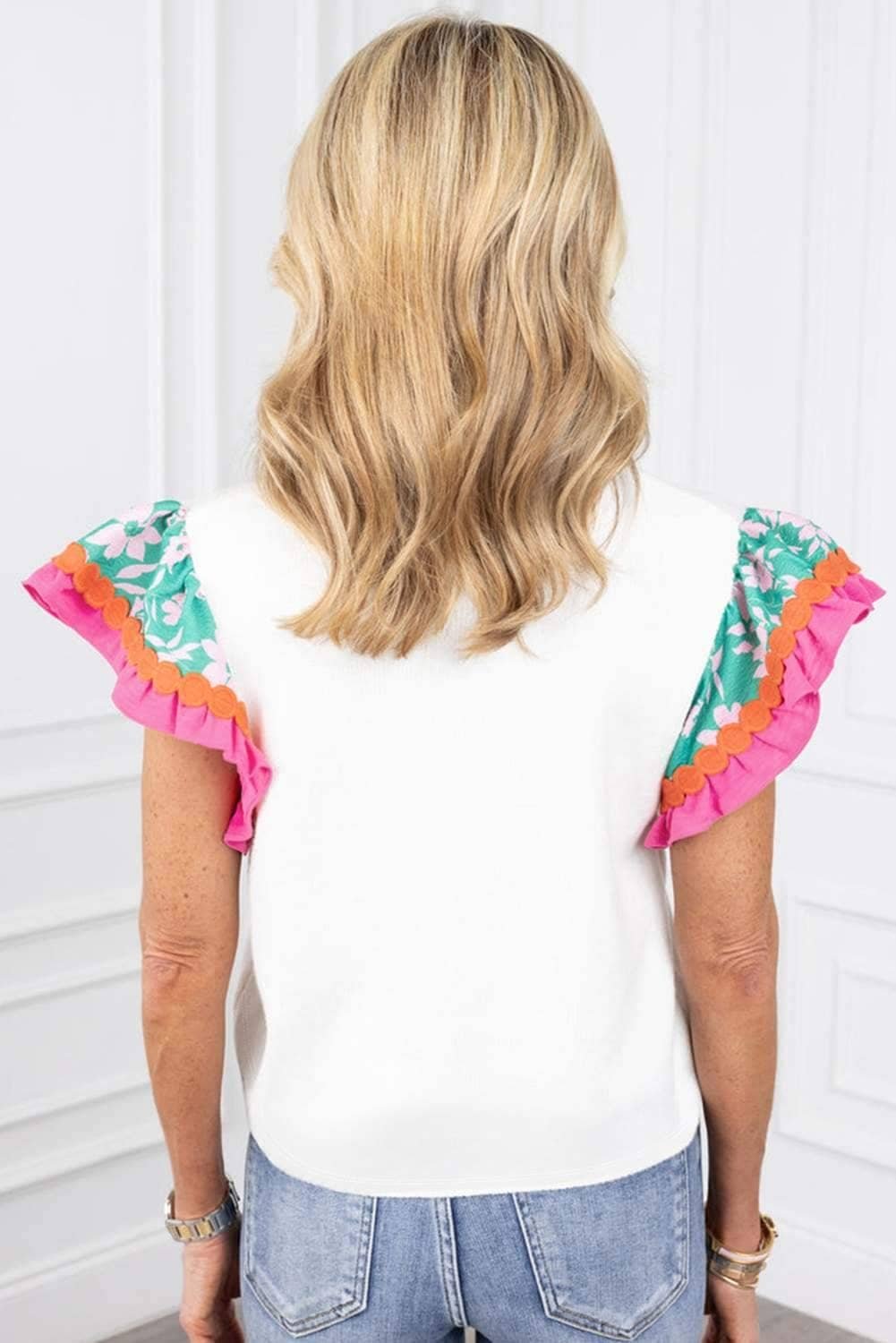 White Contrast Ricrac Floral Sleeve Top