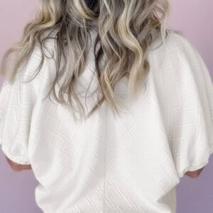 White Contrast Striped Collar Patchwork Textured Half Sleeve Blouse