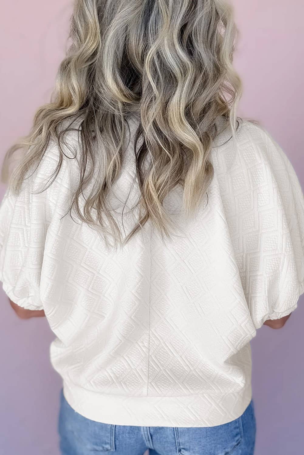 White Contrast Striped Collar Patchwork Textured Half Sleeve Blouse