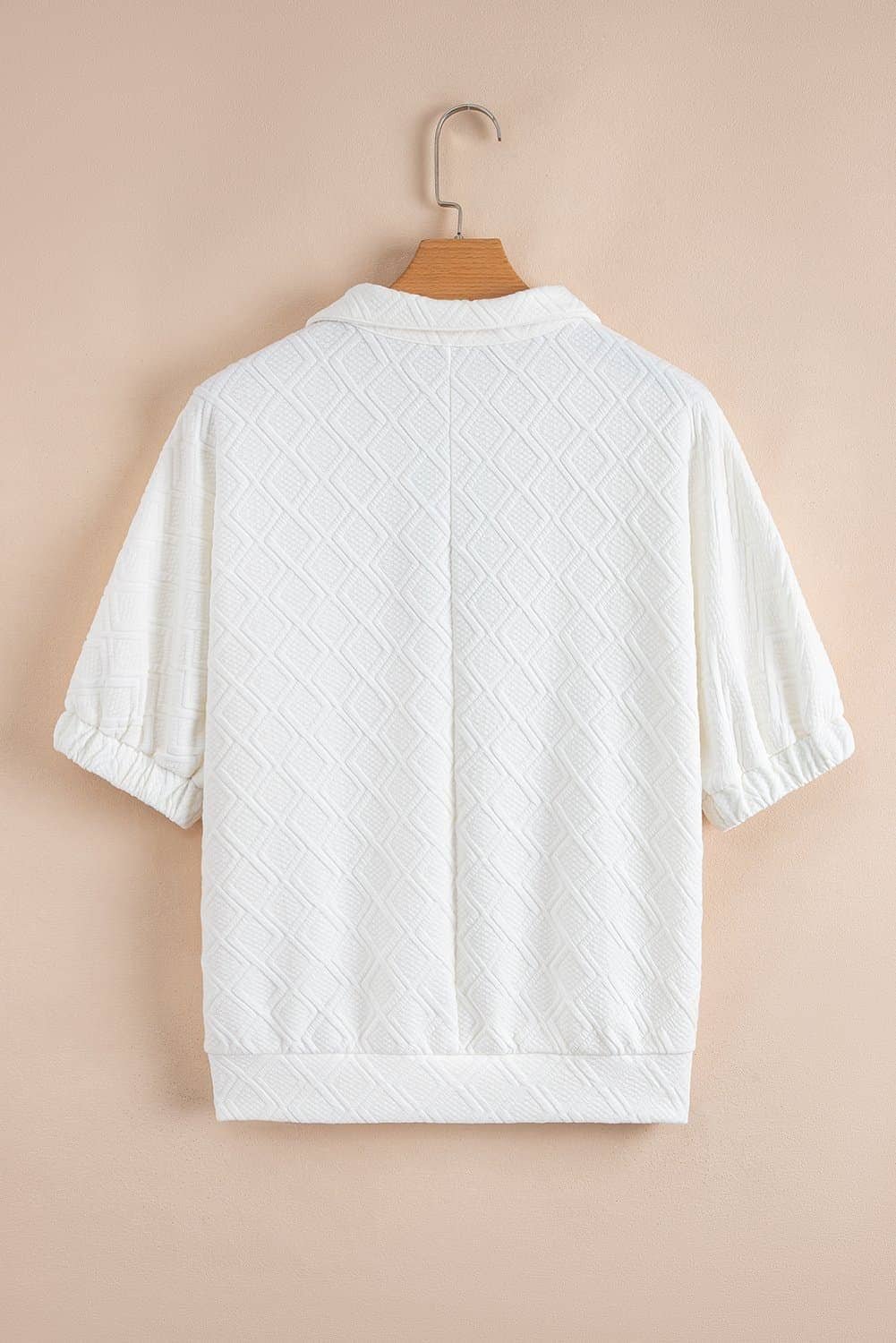 White Contrast Striped Collar Patchwork Textured Half Sleeve Blouse