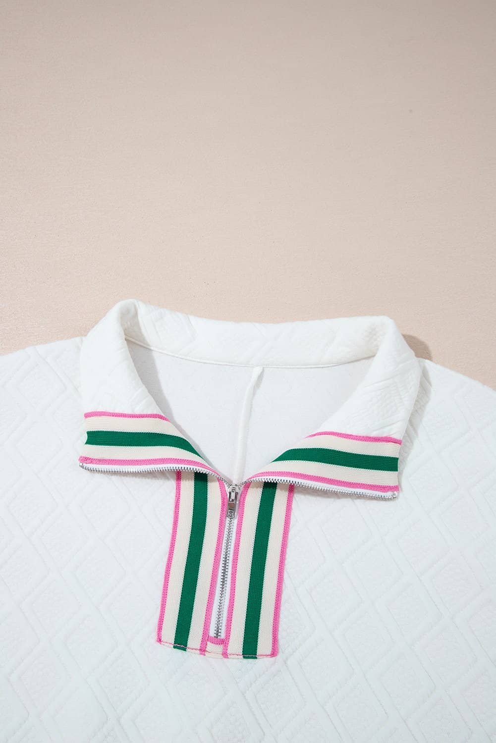 White Contrast Striped Collar Patchwork Textured Half Sleeve Blouse