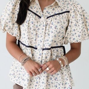 White Contrast Trim Floral Puff Short Sleeve Shirt
