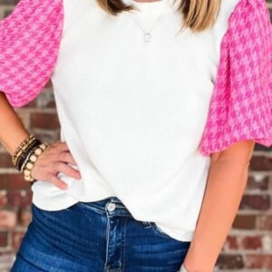 White Contrast Tweed Puff Sleeve Top