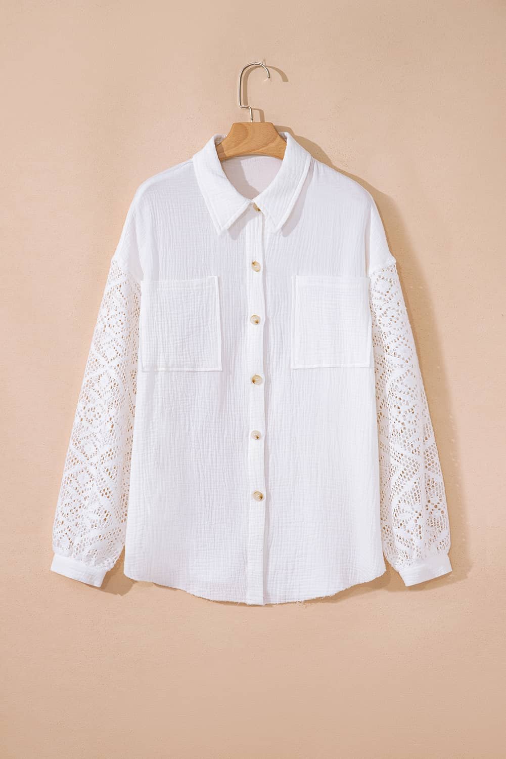 White Cotton Gauze Lace Patchwork Long Sleeve Shirt