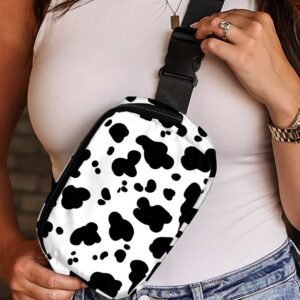 White Cow Pattern Print Buckle Wide Belt Inclined Shoulder Bag