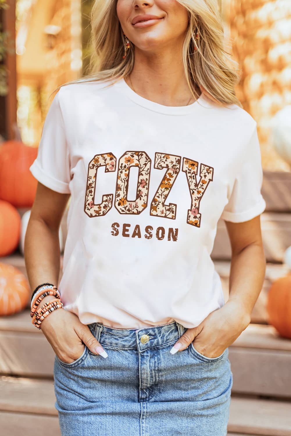 White Cozy Season Floral Cracking Letter Graphic Tee