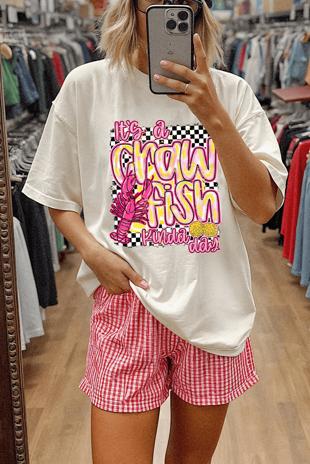 White Crawfish Checkered Pattern Graphic Tee