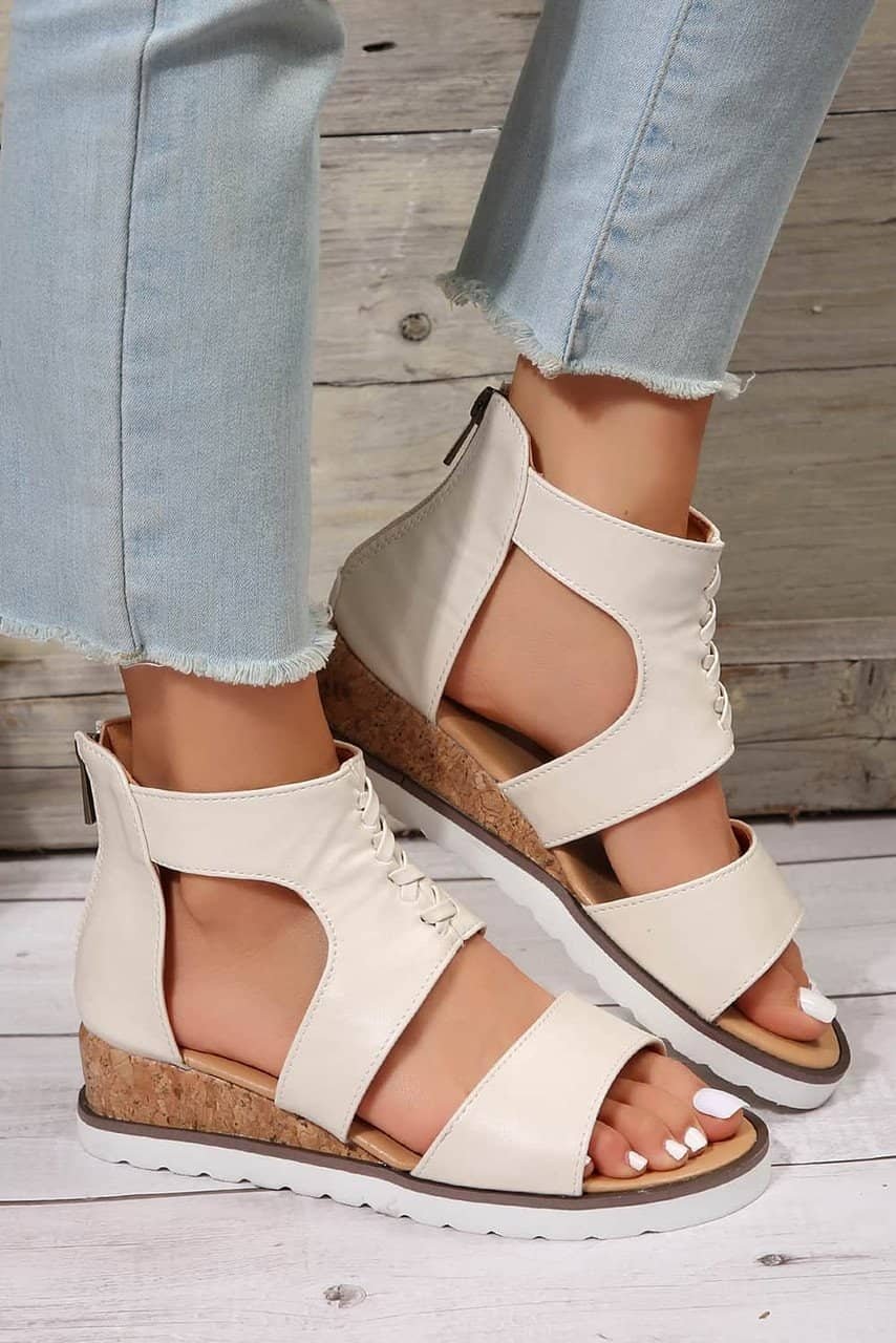 White Crisscross Detail Hollowed Leather Gladiator Sandals
