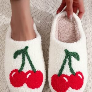 White Cute Fruit Cherry Pattern Winter Plush Slippers