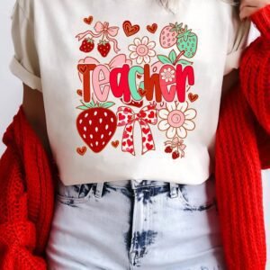 White Cute Strawberry Floral Teacher Graphic Custom Tee