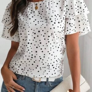 White Dalmatian Print Layered Ruffled Short Sleeve Blouse