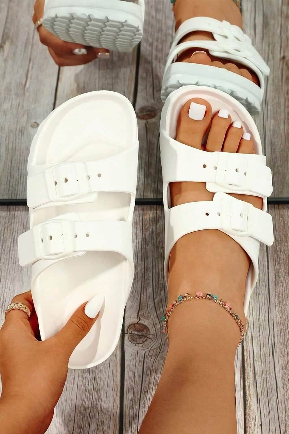 White Double-Buckle Eva Slippers
