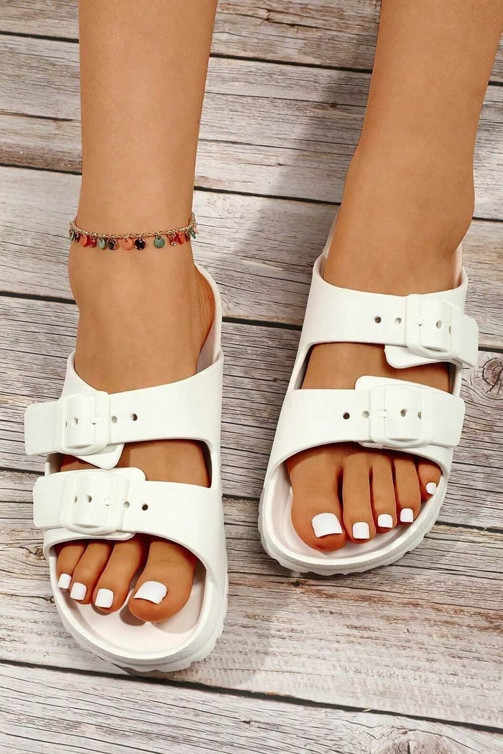 White Double-Buckle Eva Slippers