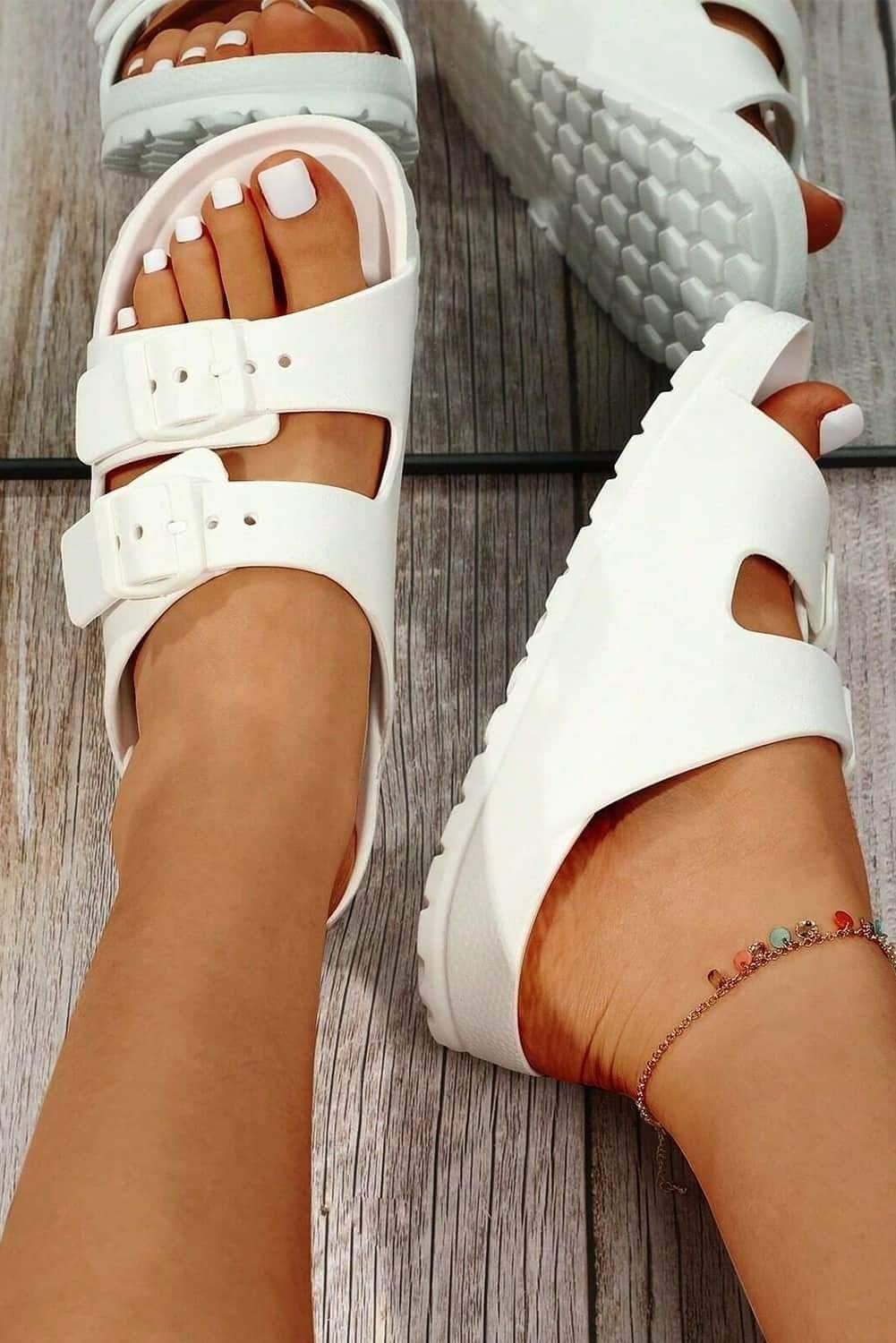 White Double-Buckle Eva Slippers