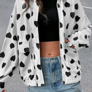 White Double Flap Pocket Heart Print Collar Zip Jacket