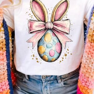 White Easter Egg Bow Bunny Ear Printed T Shirt