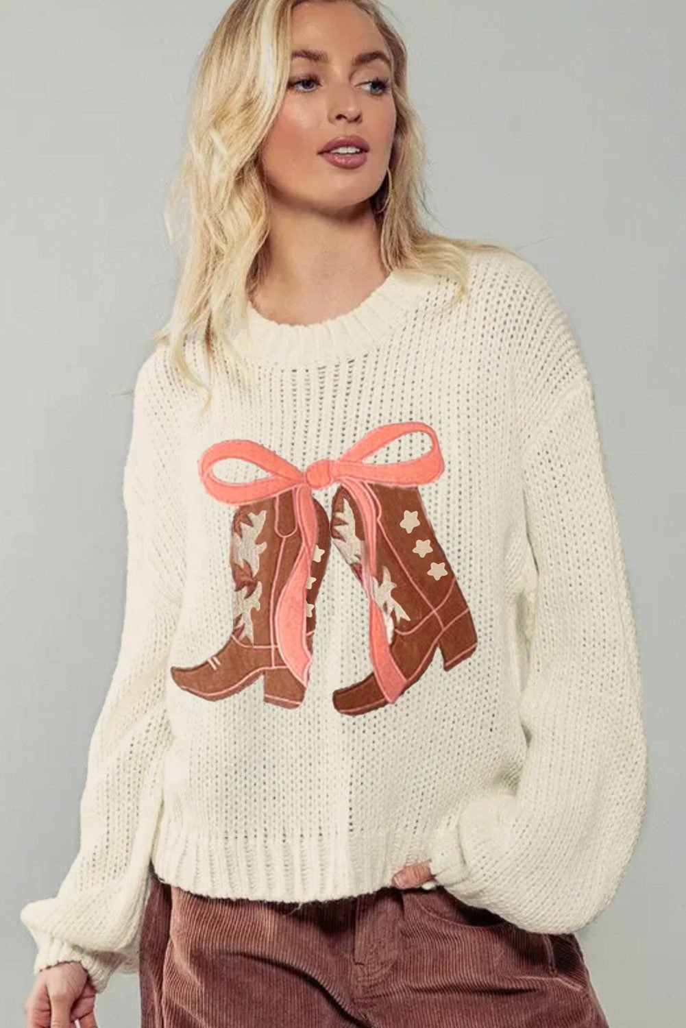 White Embroidered Bow Boots Graphic Drop Shoulder Sweater