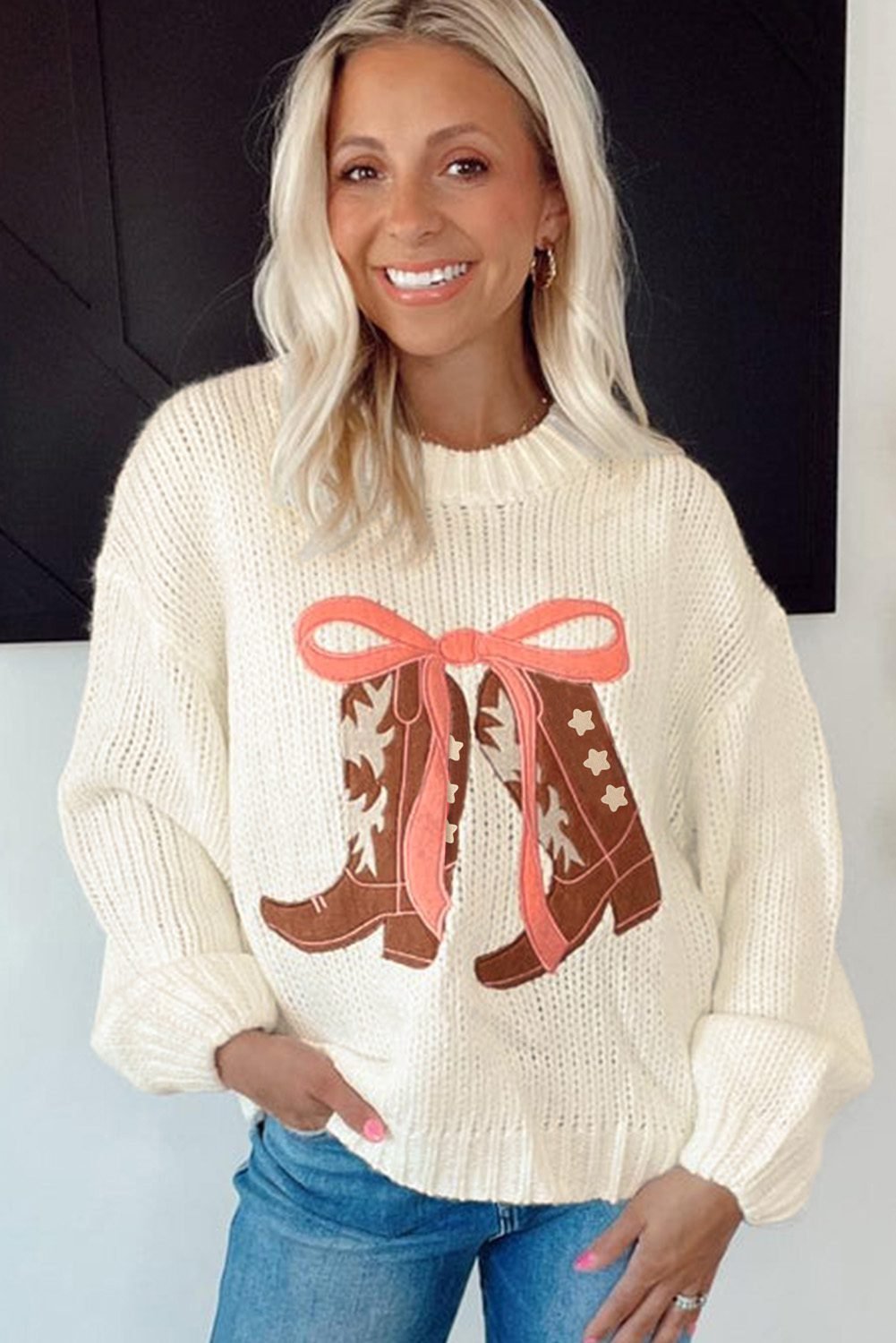 White Embroidered Bow Boots Graphic Drop Shoulder Sweater