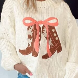 White Embroidered Bow Boots Graphic Drop Shoulder Sweater