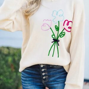 White Embroidered Flower Bouquet Ribbed Trim Loose Sweater