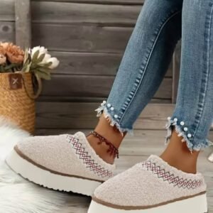 White Embroidered Sherpa Plush Thick Sole Winter Slippers