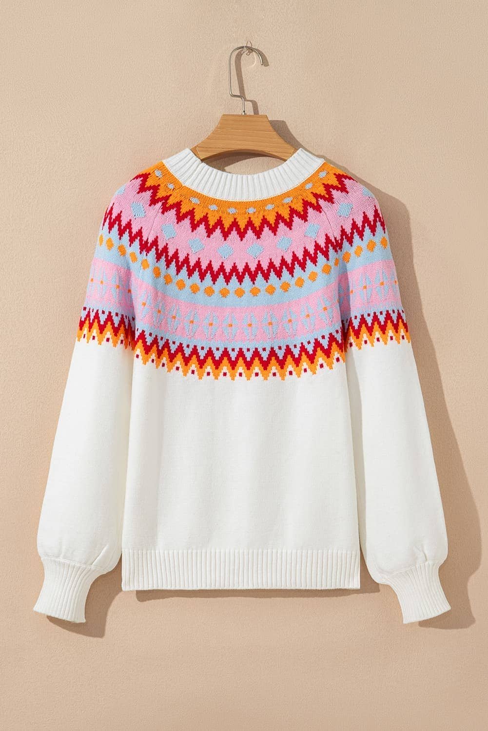 White Ethnic Geometric Colorblock Print Drop Shoulder Sweater