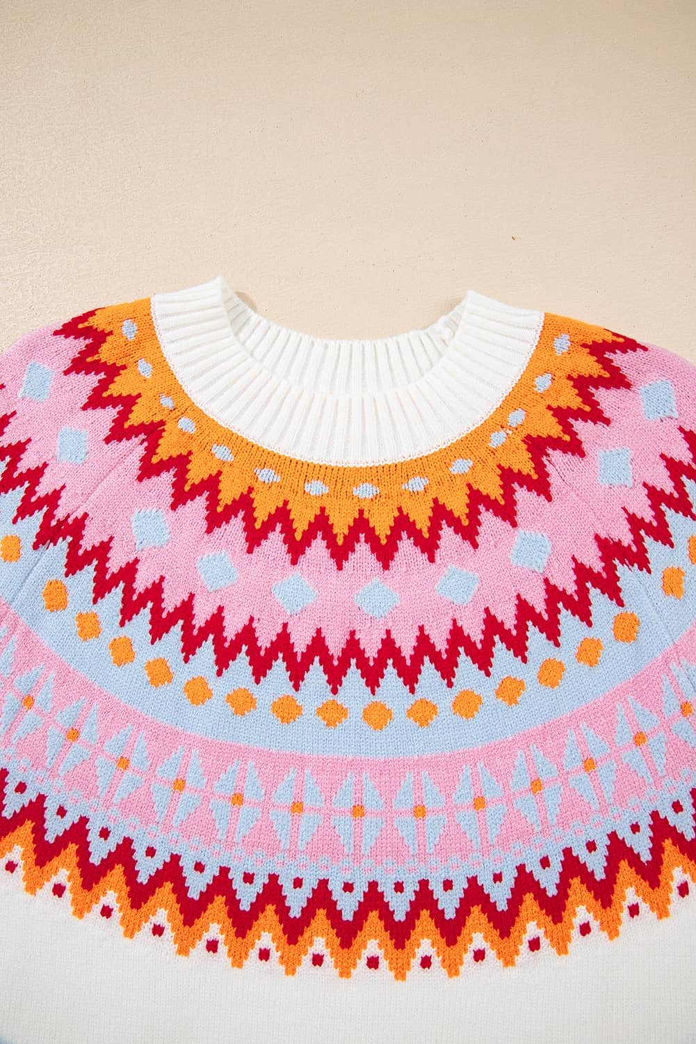White Ethnic Geometric Colorblock Print Drop Shoulder Sweater