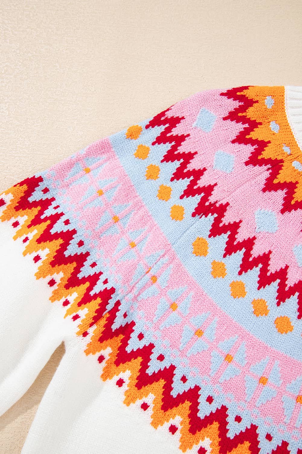 White Ethnic Geometric Colorblock Print Drop Shoulder Sweater