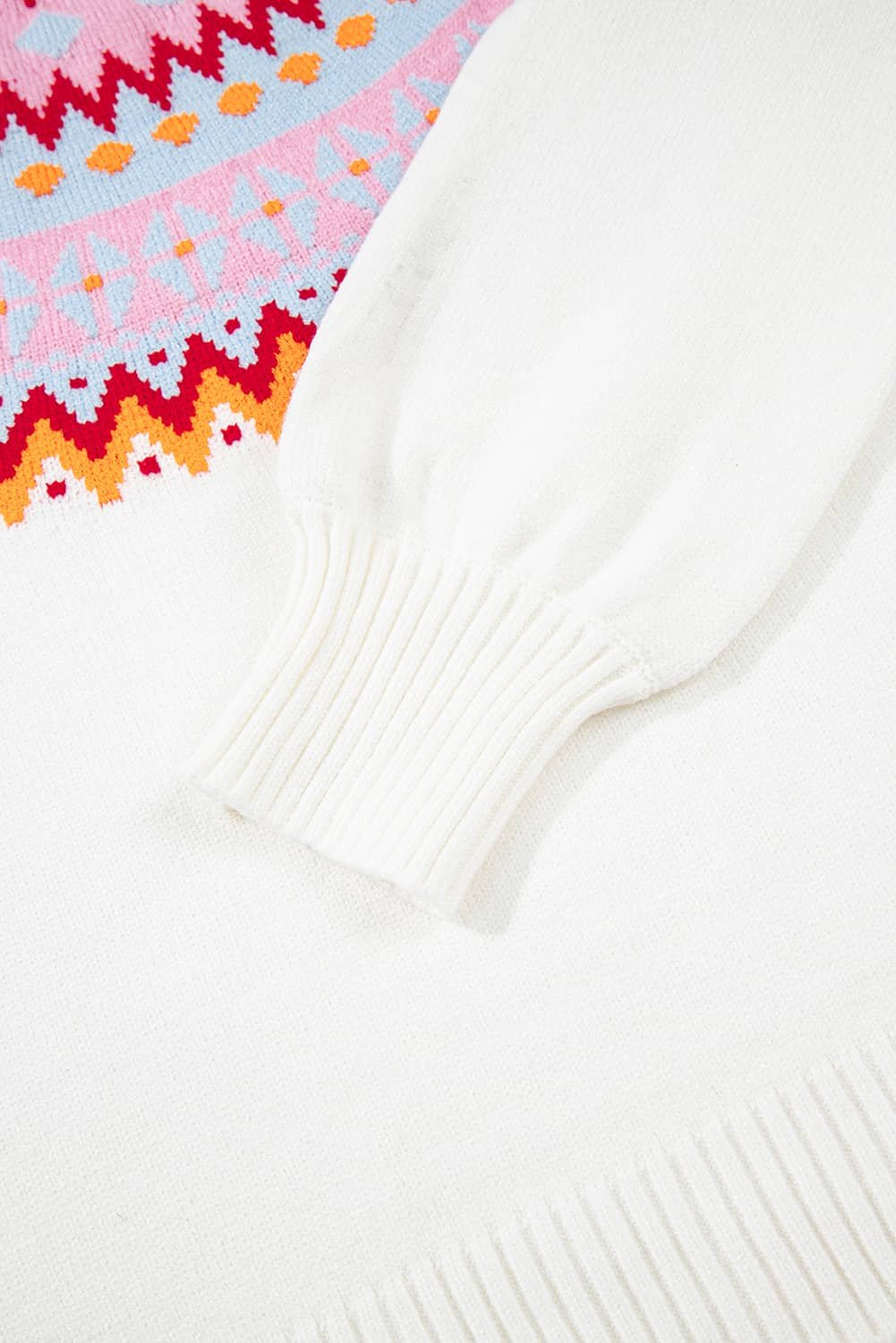 White Ethnic Geometric Colorblock Print Drop Shoulder Sweater