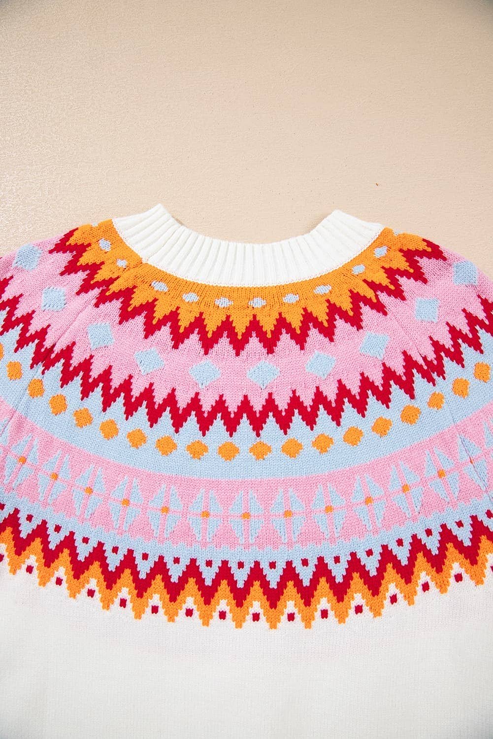 White Ethnic Geometric Colorblock Print Drop Shoulder Sweater