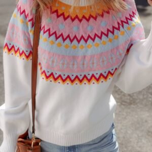 White Ethnic Geometric Colorblock Print Drop Shoulder Sweater