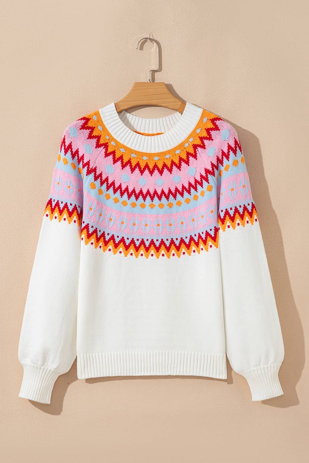 White Ethnic Geometric Colorblock Print Drop Shoulder Sweater