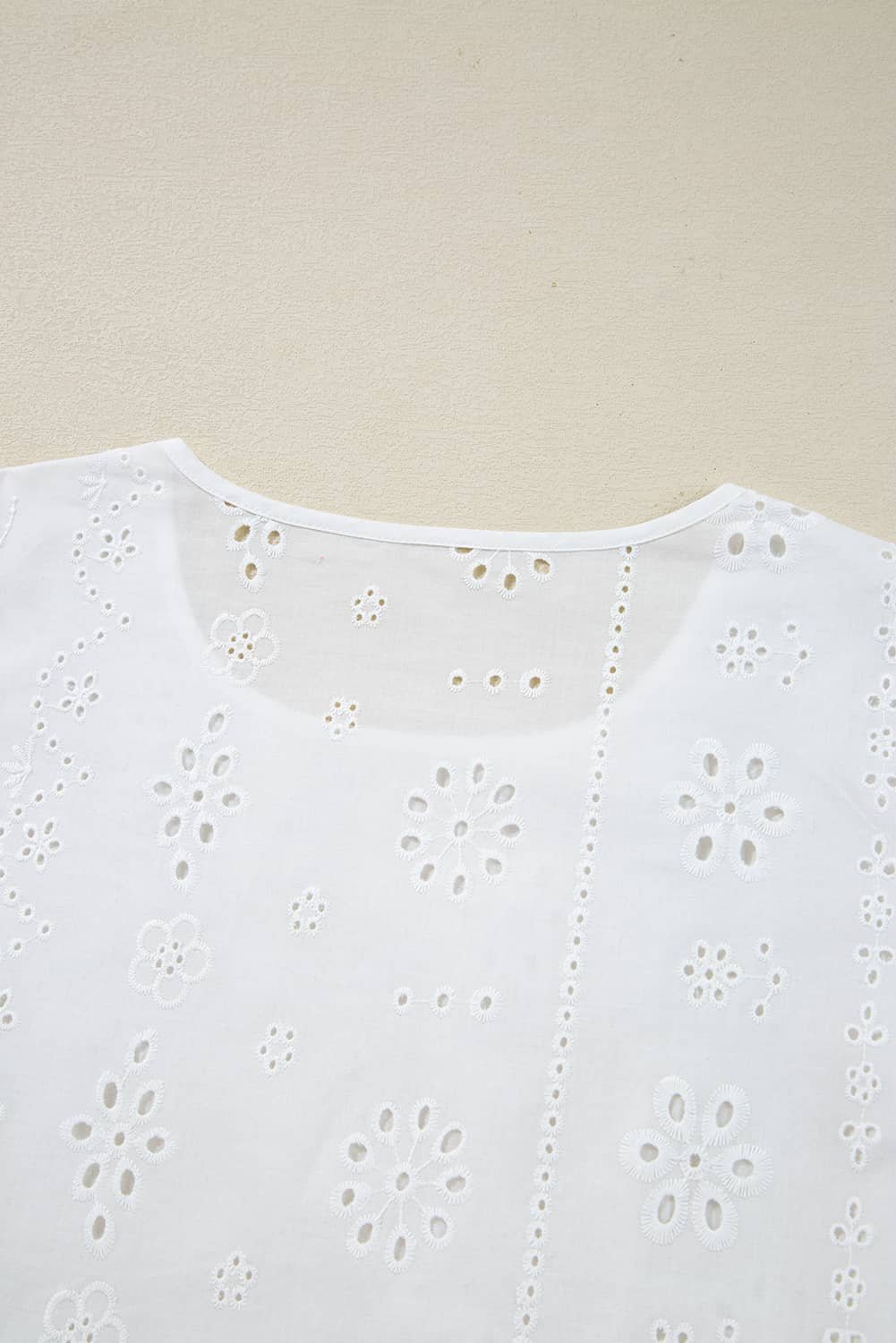 White Eyelet Embroidered Smocked Cuff Sheer Blouse