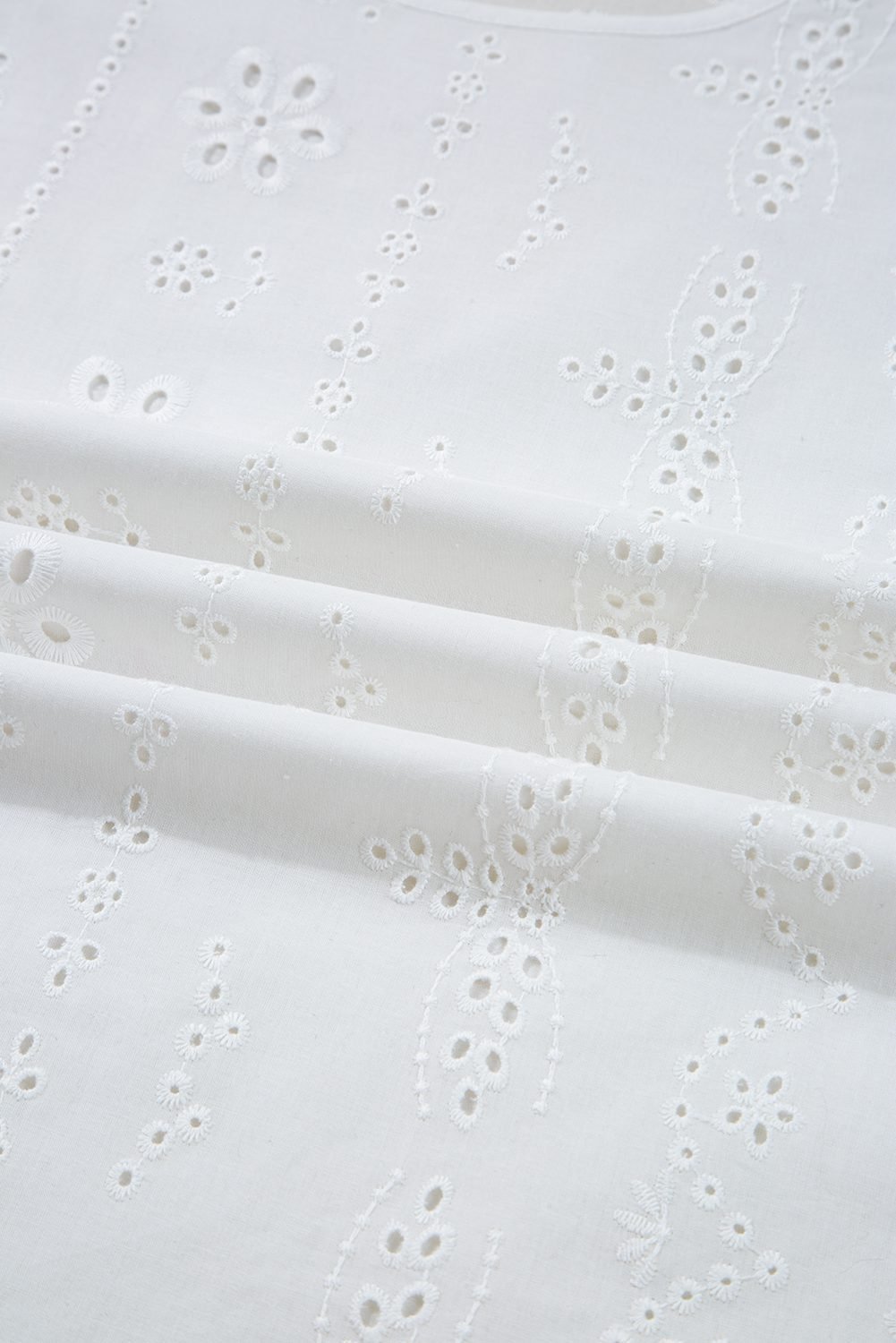 White Eyelet Embroidered Smocked Cuff Sheer Blouse