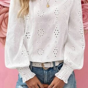 White Eyelet Embroidered Smocked Cuff Sheer Blouse