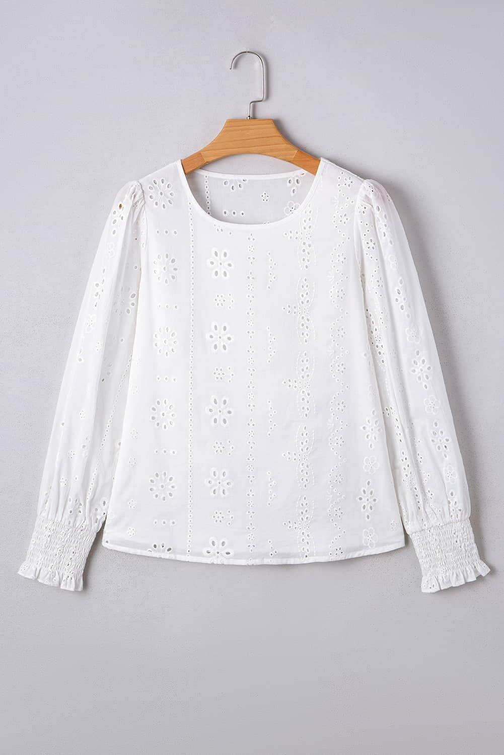 White Eyelet Embroidered Smocked Cuff Sheer Blouse