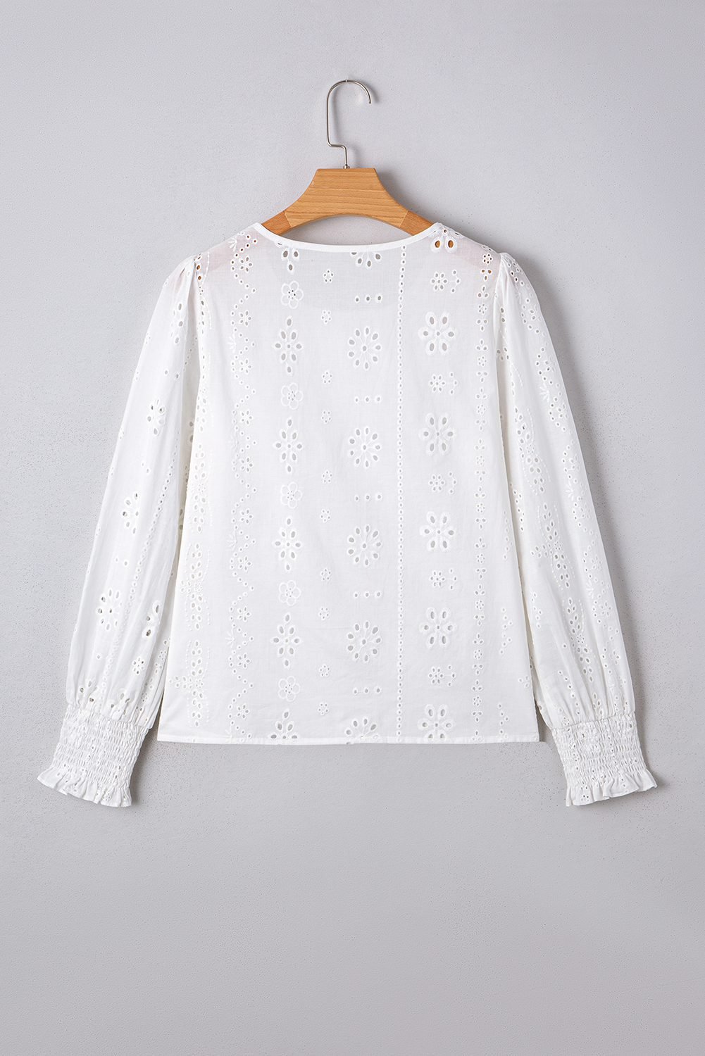 White Eyelet Embroidered Smocked Cuff Sheer Blouse