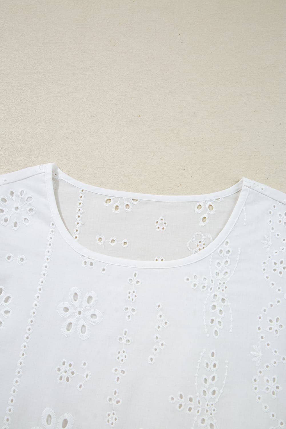 White Eyelet Embroidered Smocked Cuff Sheer Blouse
