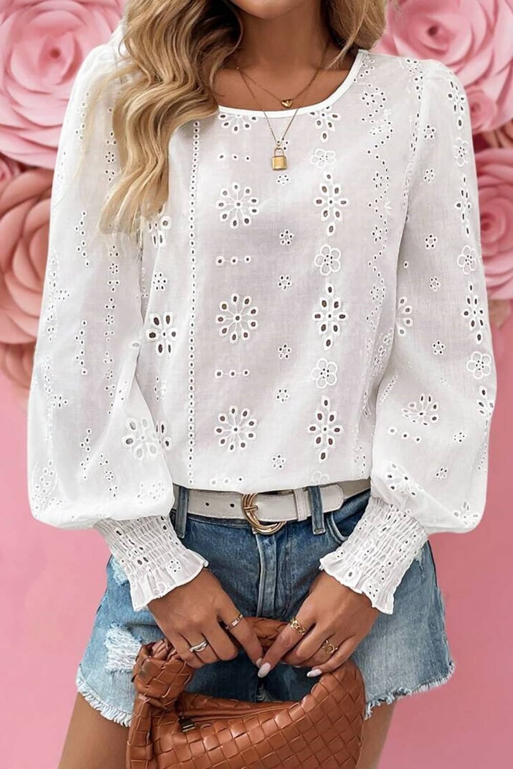 White Eyelet Embroidered Smocked Cuff Sheer Blouse