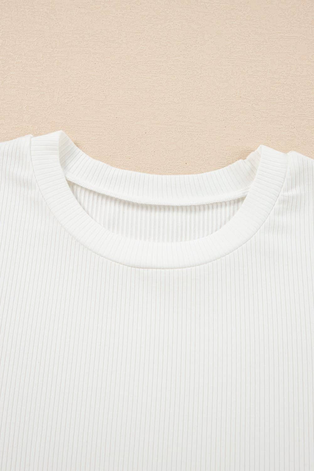 White Eyelet Pattern Short Sleeve Patchwork Ribbed Top
